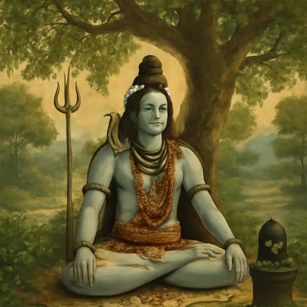 Blue-skinned ascetic Shiva meditates beneath a large tree, trident beside him, Shiva lingam adorned with bilva leaves.