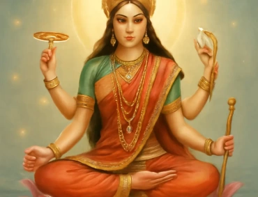 Goddess Siddhidatri seated on lotus, four arms holding symbols, devotees worship around, Navratri message displayed.