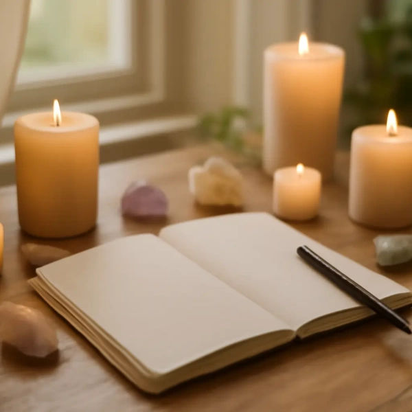 Cozy wooden desk with lit candles, open journal, pen, and scattered crystals near window