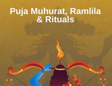 Poster for Dussehra (Vijayadashami) 2025 with details on puja muhurat, Ramlila, and rituals.