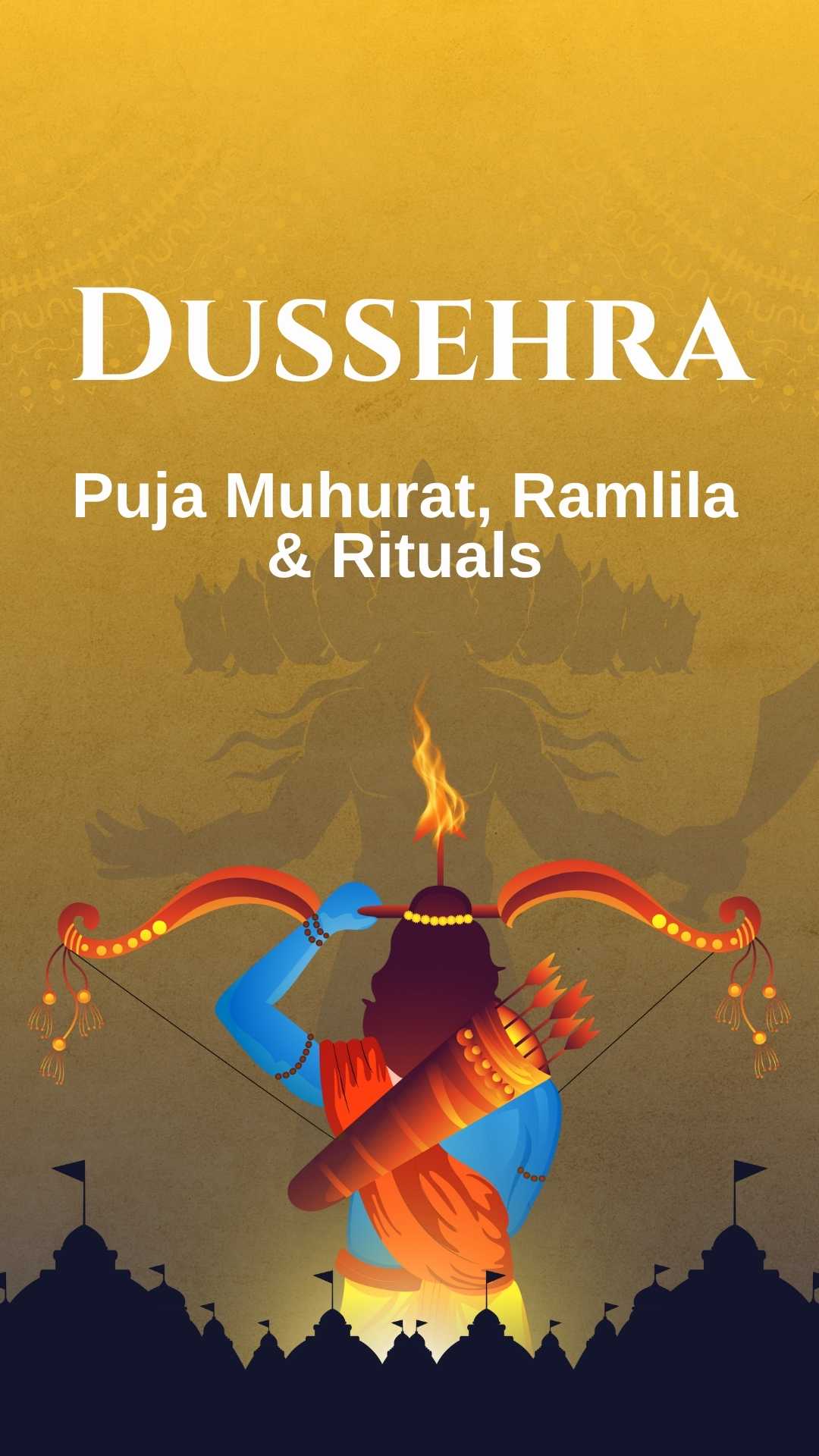 Poster for Dussehra (Vijayadashami) 2025 with details on puja muhurat, Ramlila, and rituals.