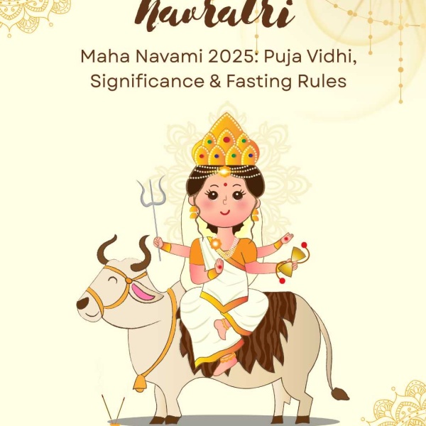 Poster for Maha Navami 2025 highlighting puja vidhi, significance, and fasting rules.