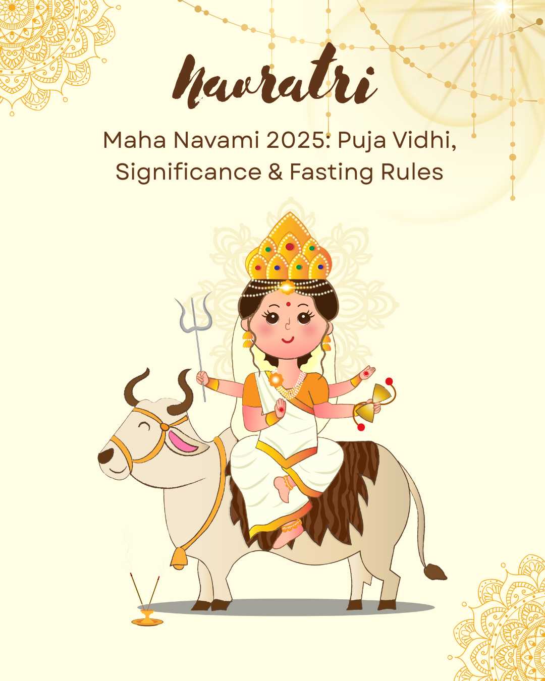 Poster for Maha Navami 2025 highlighting puja vidhi, significance, and fasting rules.